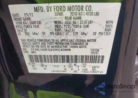 2012 Ford Escape Limited z USA, uszkodzony, nr VIN 1FMCU0EG2CKC40968